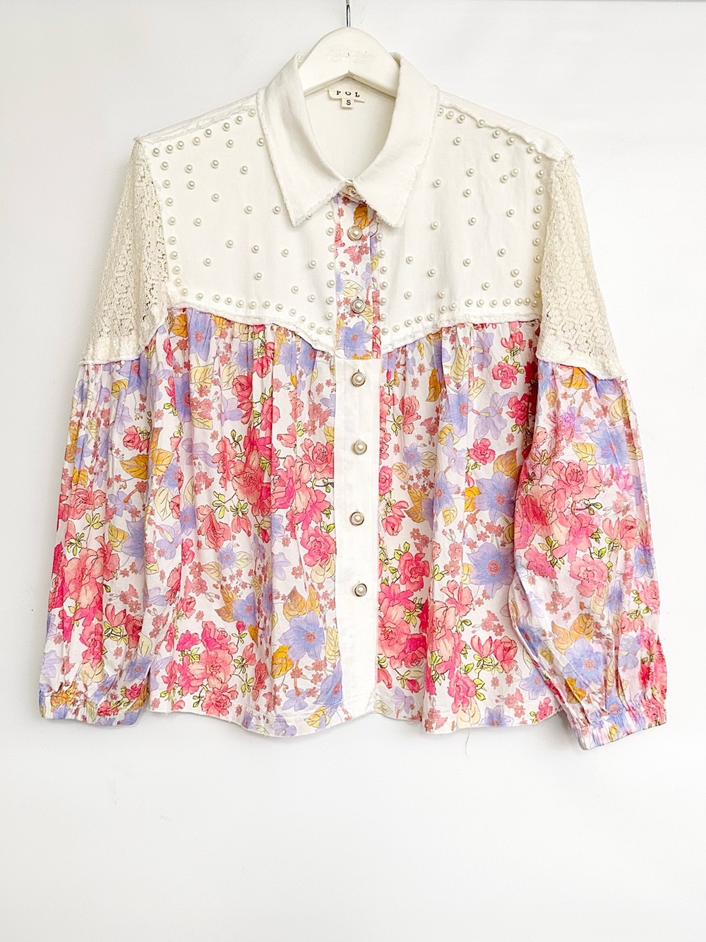 POL Floral button-front blouse with pearl-studded yoke and lace shoulder detail